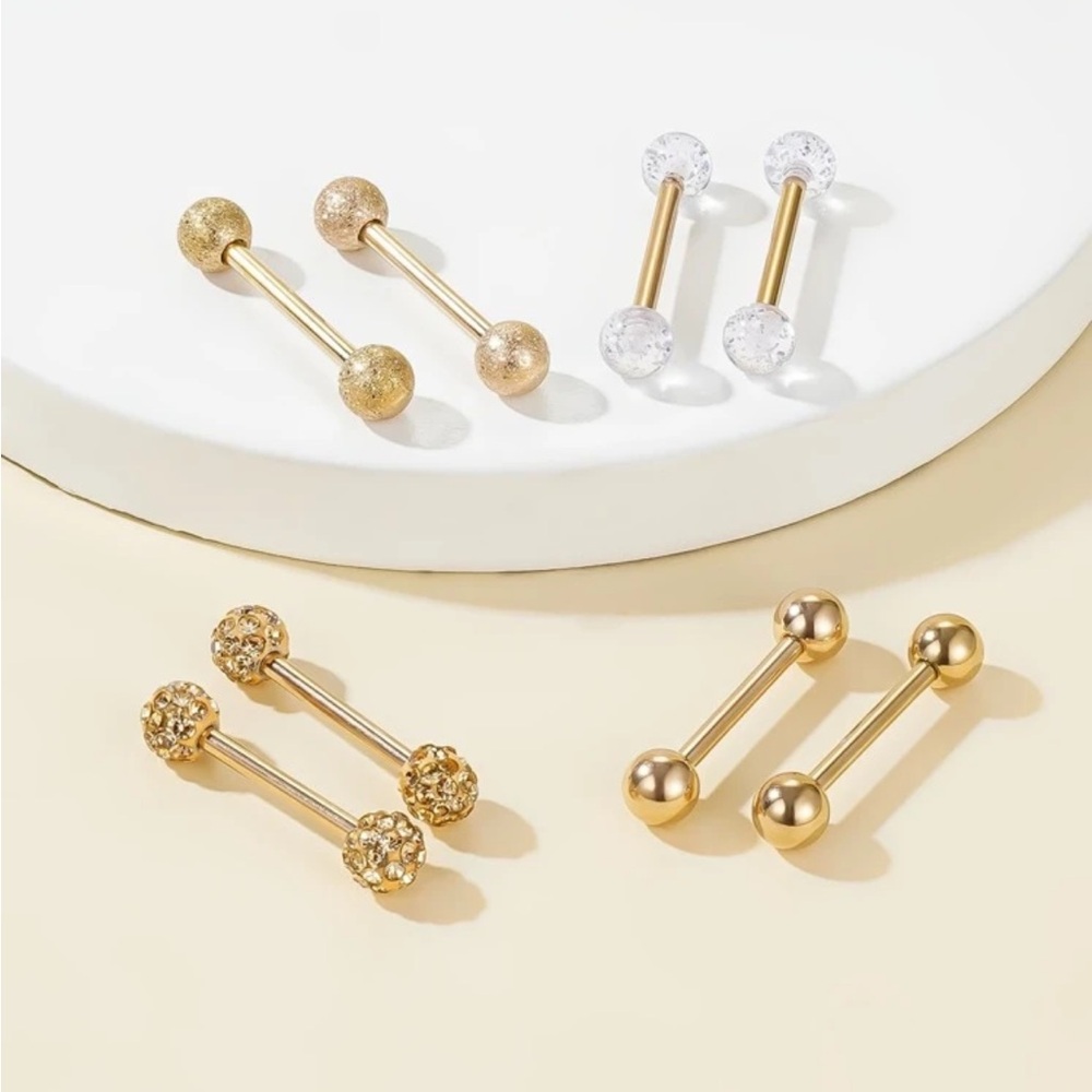 Stainless steel gold color rhinestone barbell body jewelry nipple piercing 4 pak